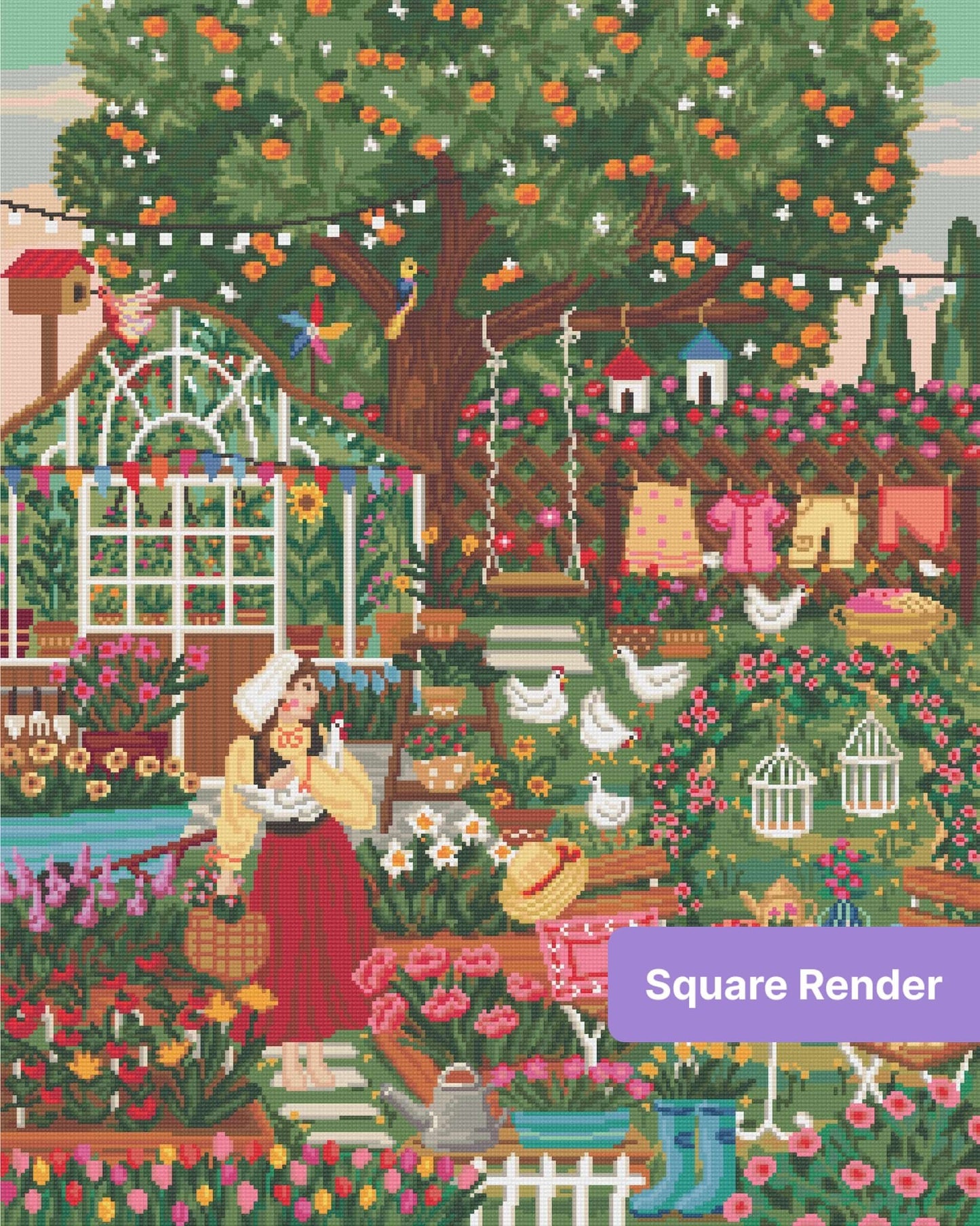 Whimsical cottage garden scene with flowers, chickens, greenhouse, and a woman in traditional dress