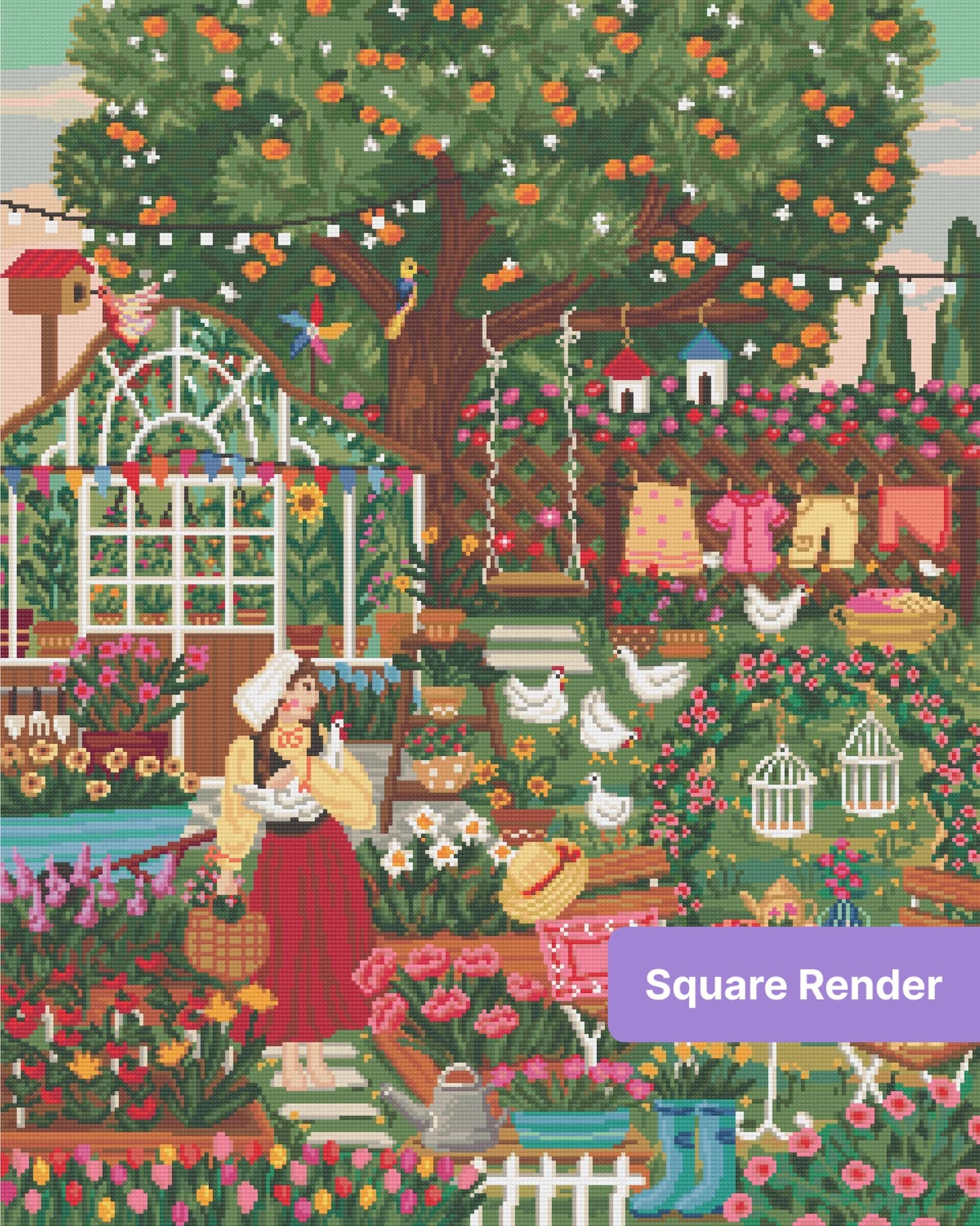 Whimsical cottage garden scene with flowers, chickens, greenhouse, and a woman in traditional dress