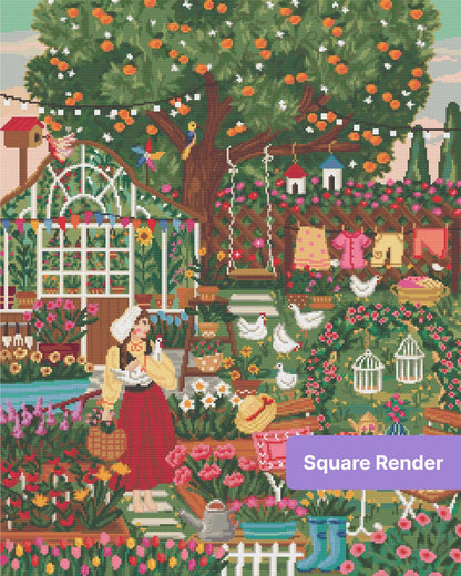 Whimsical cottage garden scene with flowers, chickens, greenhouse, and a woman in traditional dress