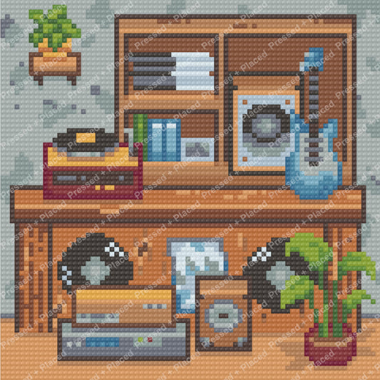 Pixel-style retro home office with shelves, desk accessories, and potted plants