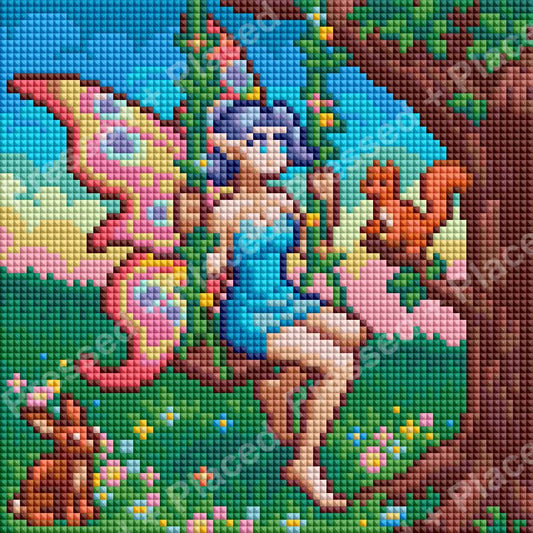 Fairy girl with colorful butterfly wings sitting in a magical woodland scene