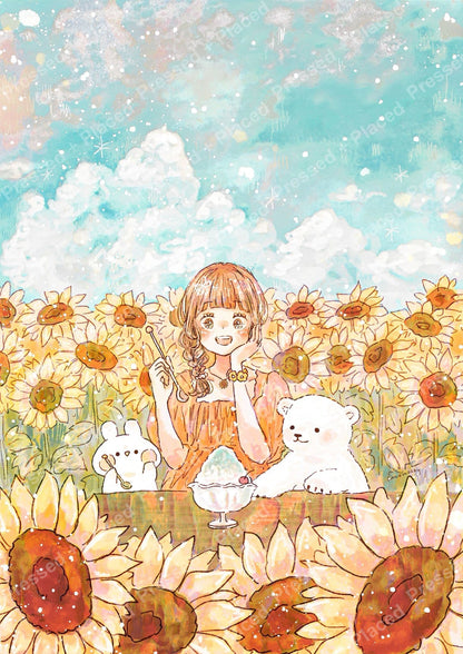 Whimsical girl in a sunflower field with bears, pastel sky, and storybook style