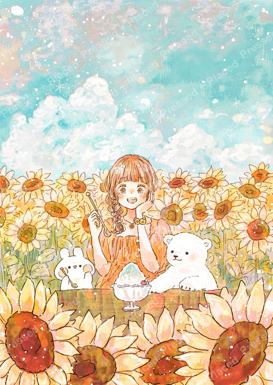 Whimsical girl in a sunflower field with bears, pastel sky, and storybook style