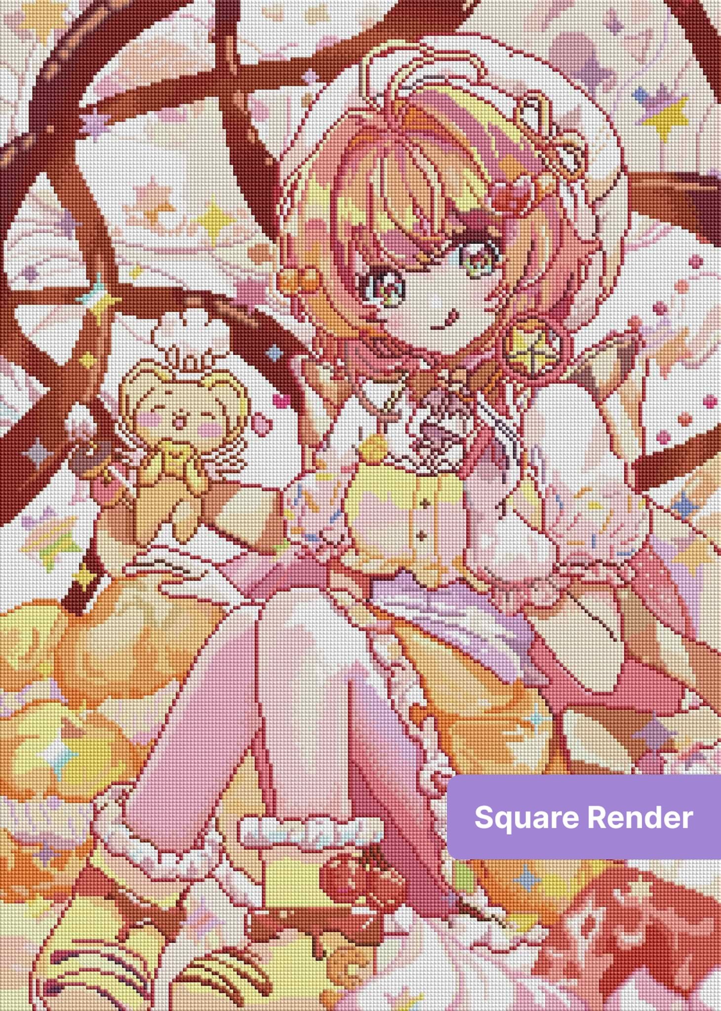 Anime-style girl in pastel dessert outfit with cherries, cookies, and cute candy accents