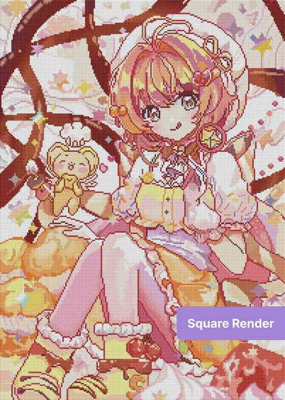 Anime-style girl in pastel dessert outfit with cherries, cookies, and cute candy accents