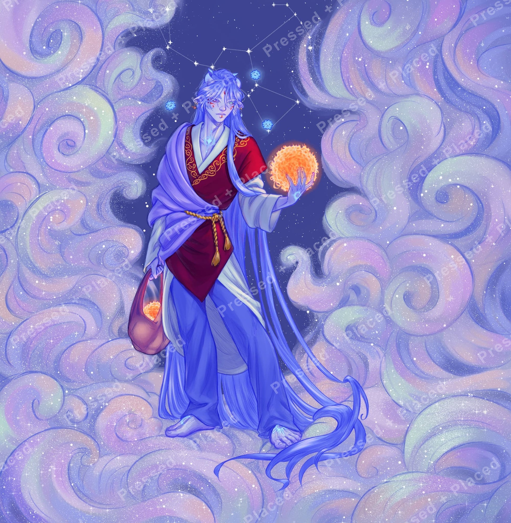 Blue-haired fantasy figure with glowing orb amid pastel clouds and stars