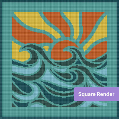 Abstract sunset and wave diamond painting with flowing teal, orange, and yellow shapes