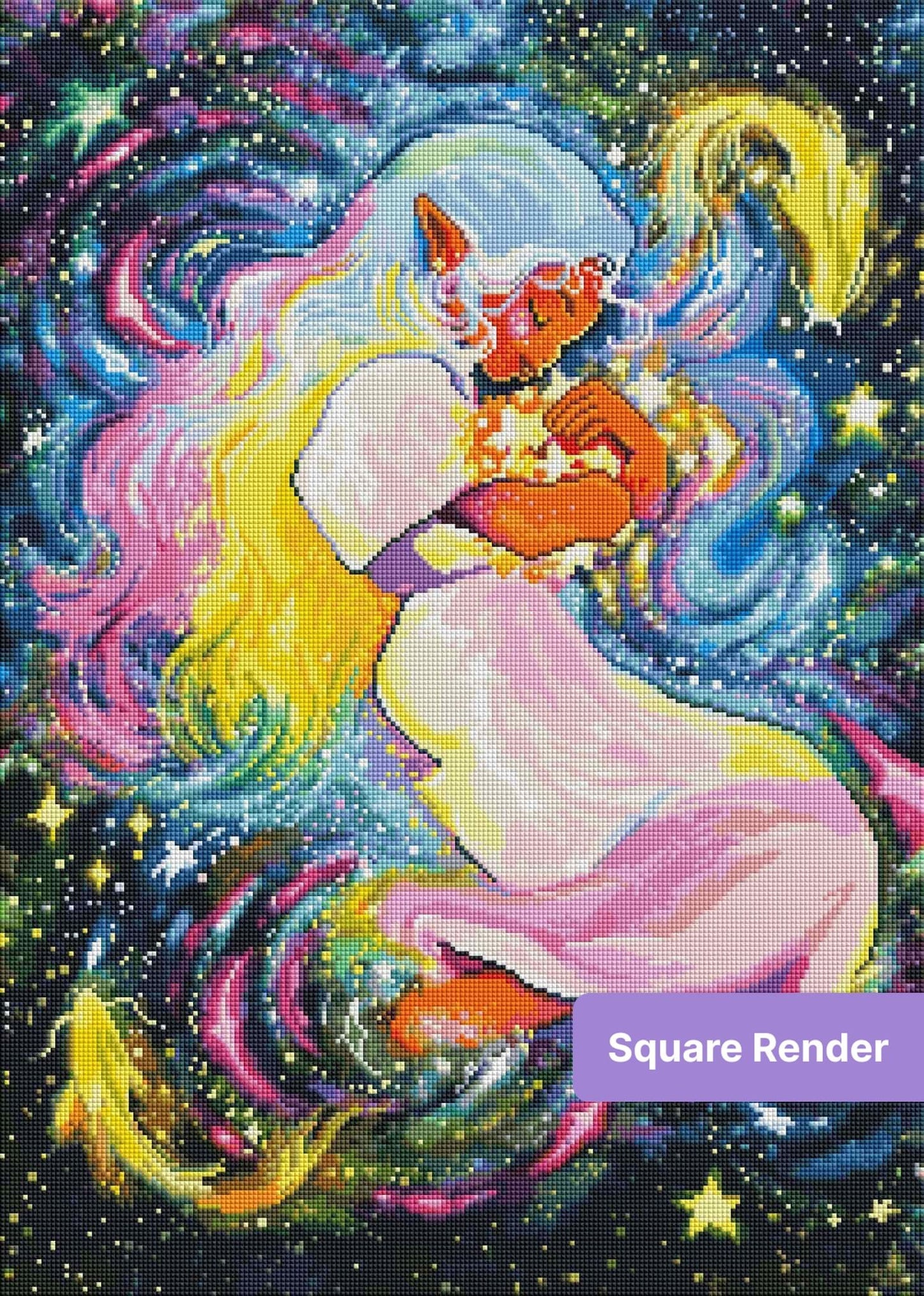 Colorful unicorn in a cosmic fantasy scene with stars and rainbow swirls