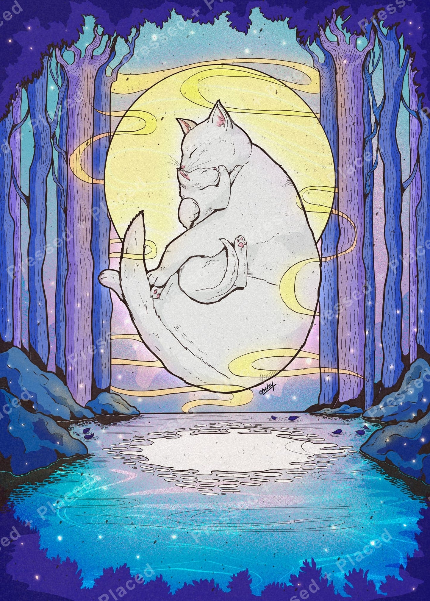 White sleeping cat in a glowing moonlit forest with purple trees and a dreamy blue lake