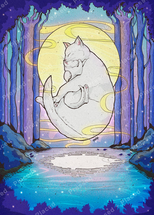 White sleeping cat in a glowing moonlit forest with purple trees and a dreamy blue lake