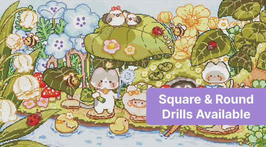 Cute pastel animal garden scene with flowers, bees, and whimsical woodland characters