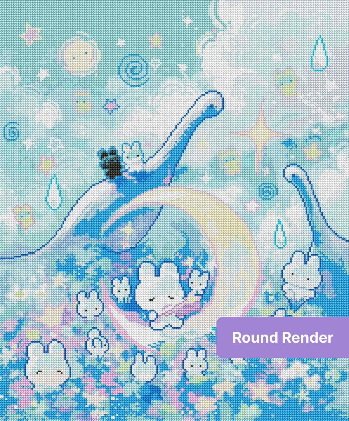Pastel kawaii bunny scene with rainbow arches, clouds, stars, and whimsical fantasy details