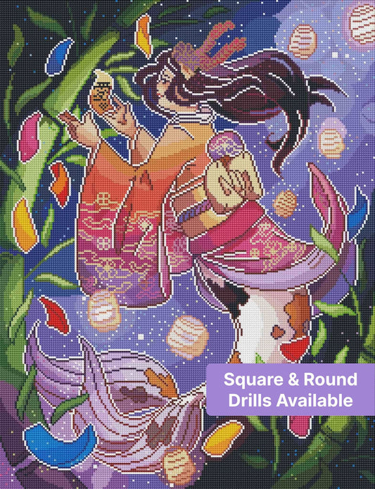 Anime-style mermaid with floral crown, lanterns, and bamboo in a dreamy purple fantasy scene