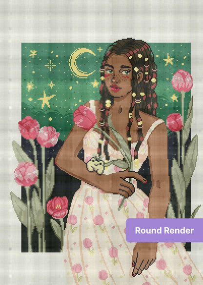 Illustrated girl in floral dress with braids, pink tulips, and starry night background
