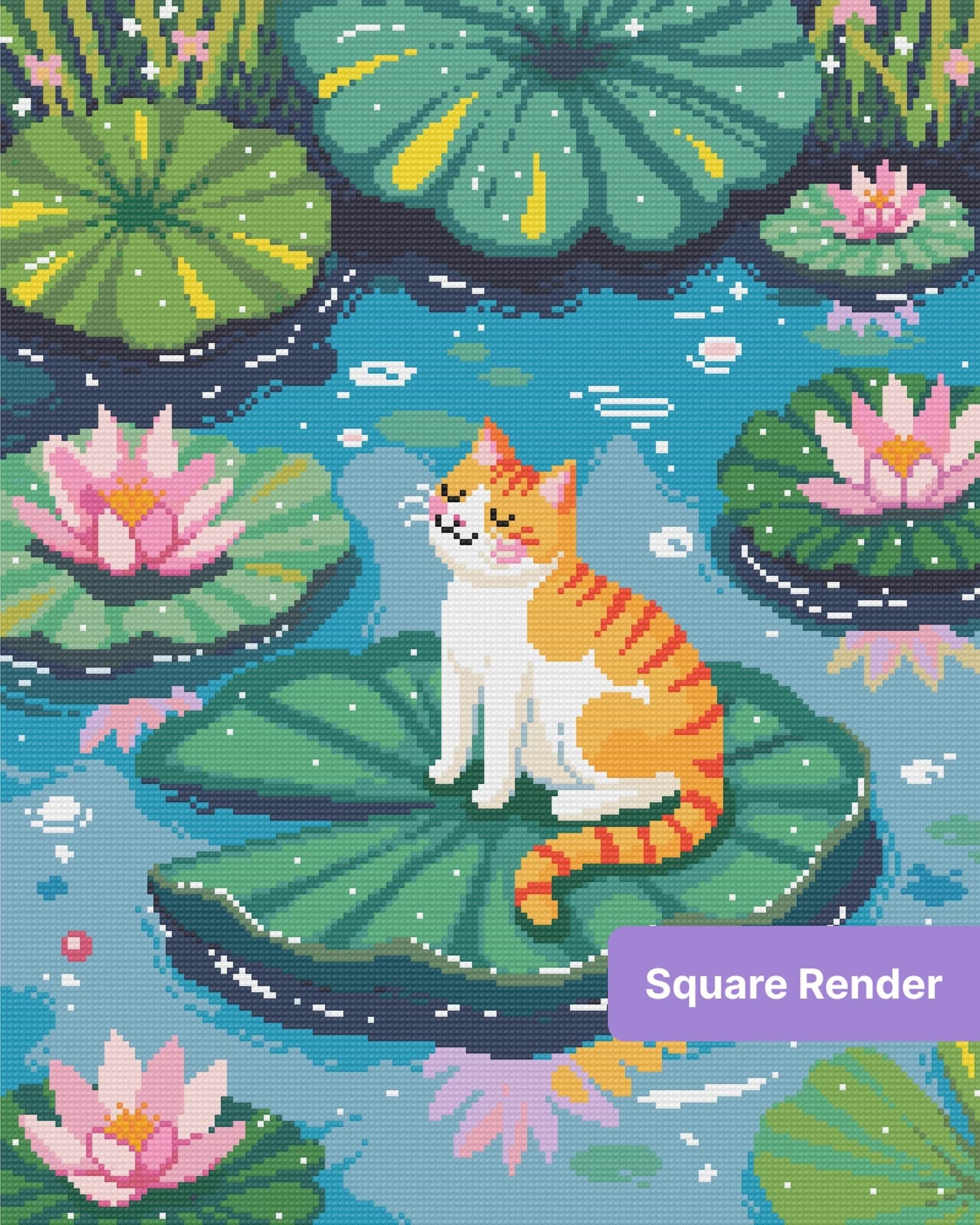 Orange-and-white cat sitting on a lily pad among pink lotus flowers in a whimsical pond scene