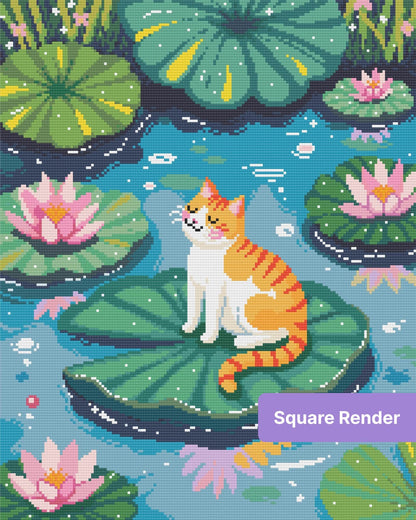 Orange-and-white cat sitting on a lily pad among pink lotus flowers in a whimsical pond scene