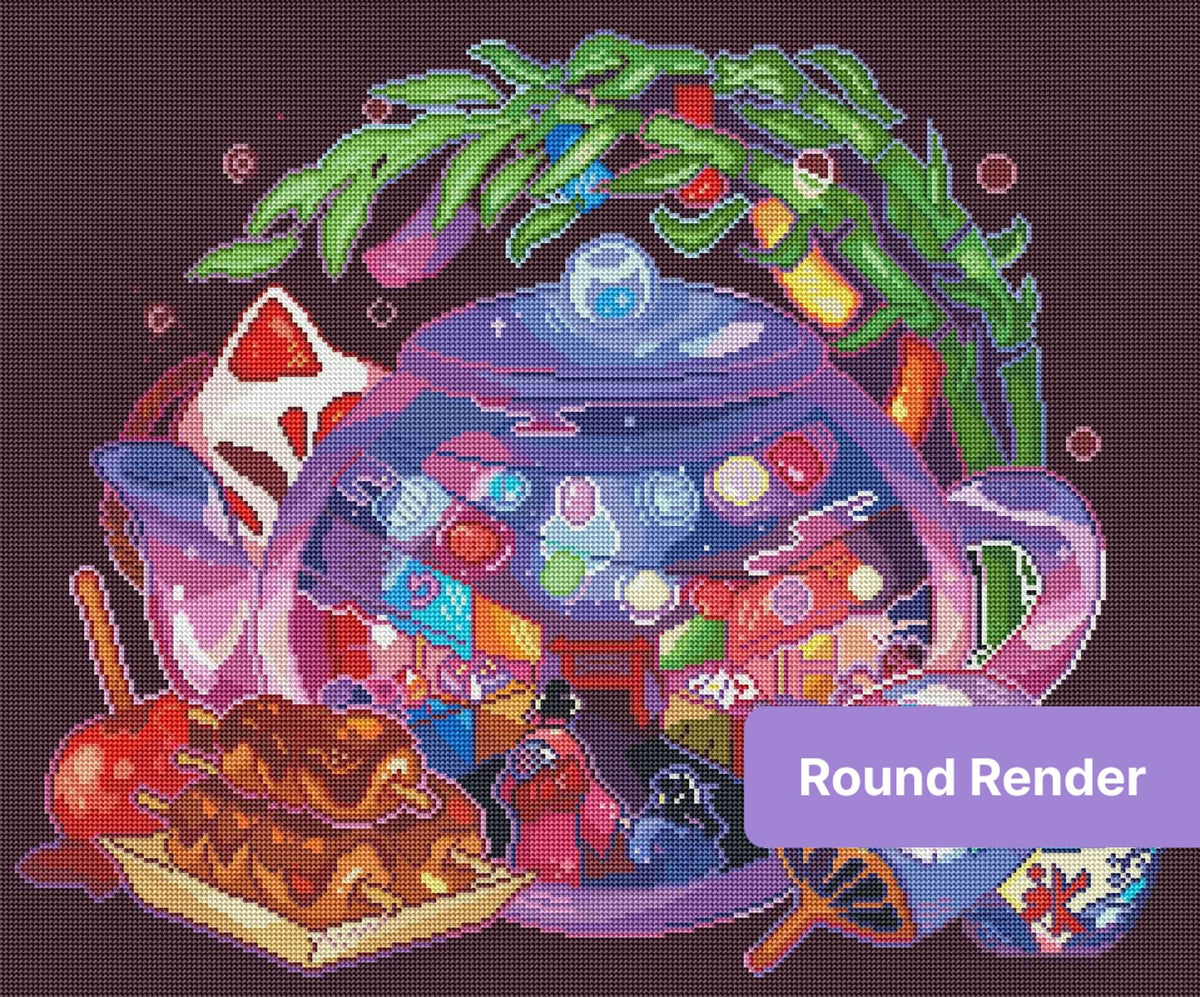 Anime-style fantasy tea party with glowing teapot, lanterns, and colorful dessert details