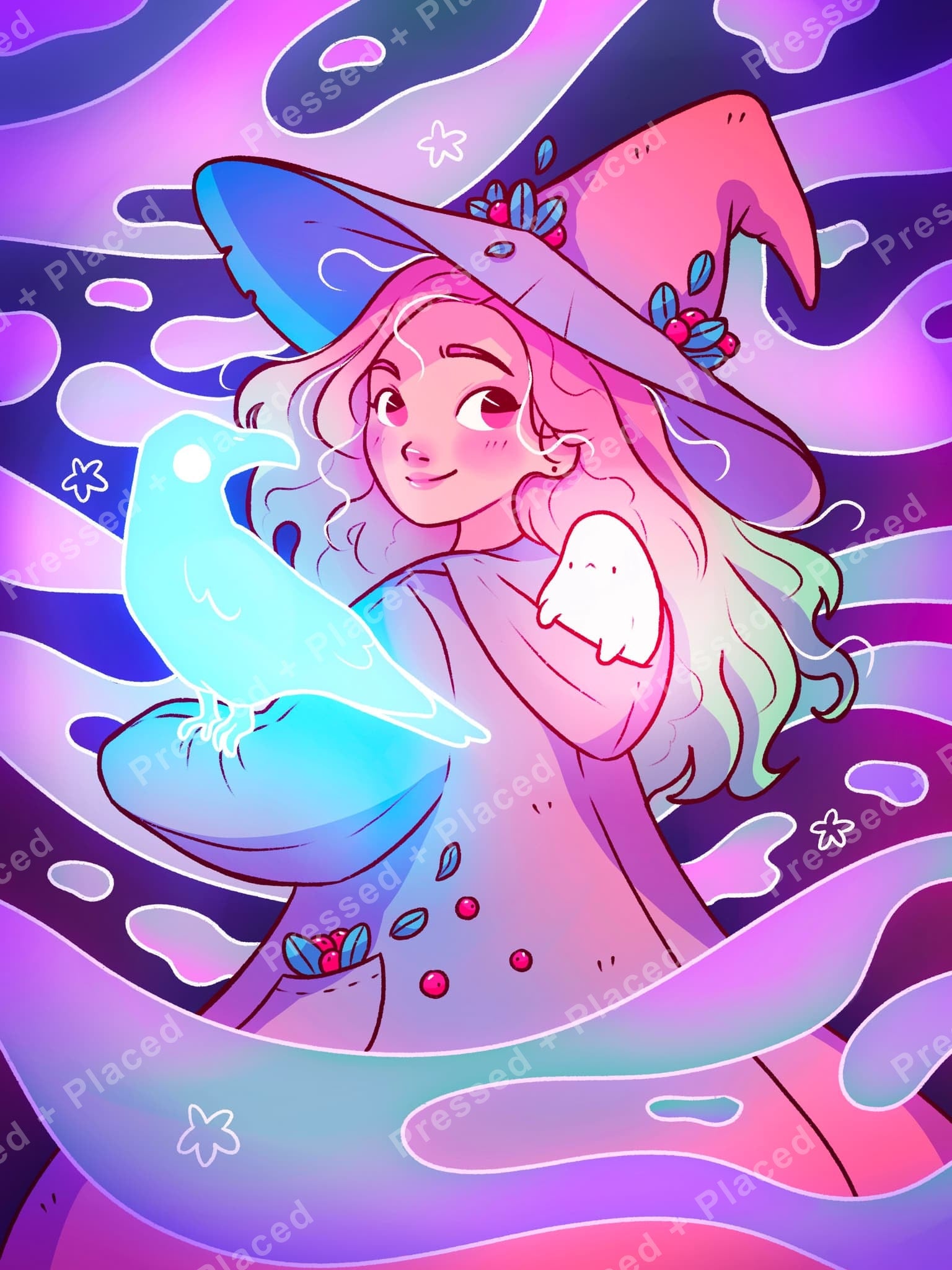 Cartoon witch girl with pastel ravens in a dreamy purple fantasy style