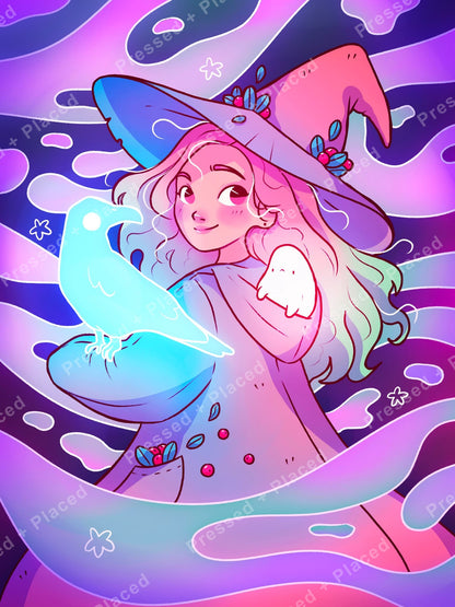 Cartoon witch girl with pastel ravens in a dreamy purple fantasy style