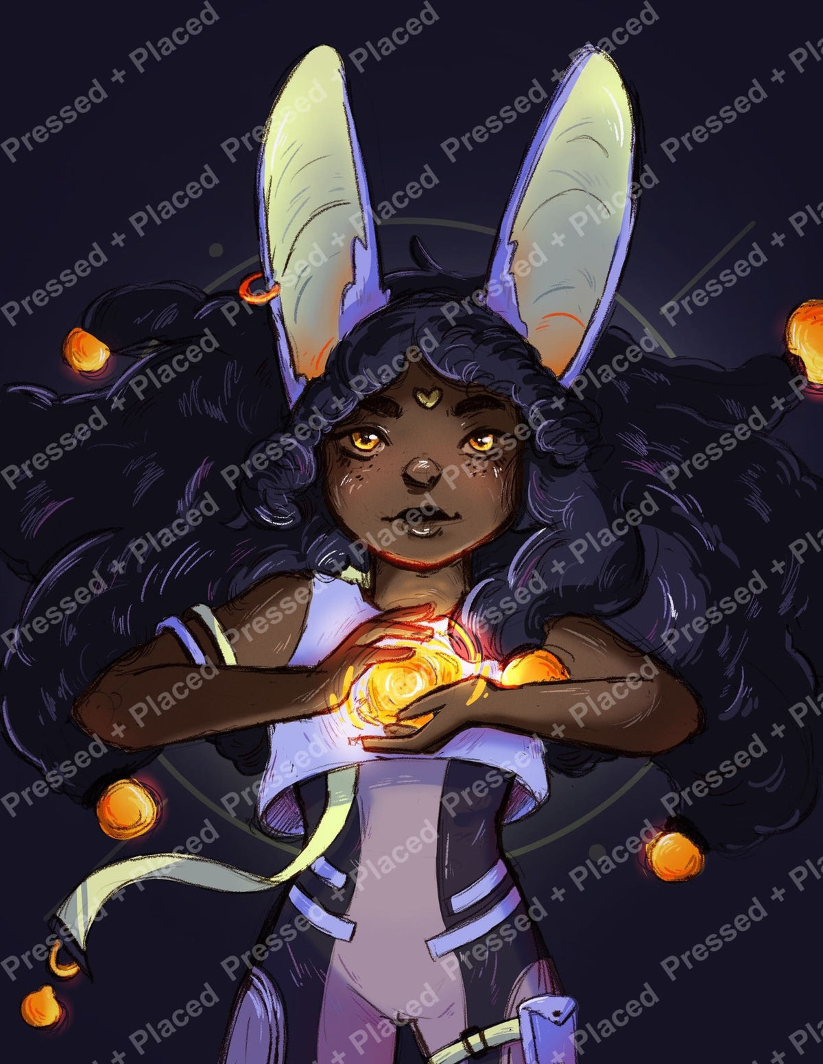 Fantasy bunny girl with glowing orb, dark curls, and tall rabbit ears in mystical style