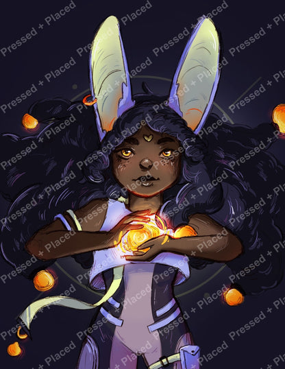 Fantasy bunny girl with glowing orb, dark curls, and tall rabbit ears in mystical style