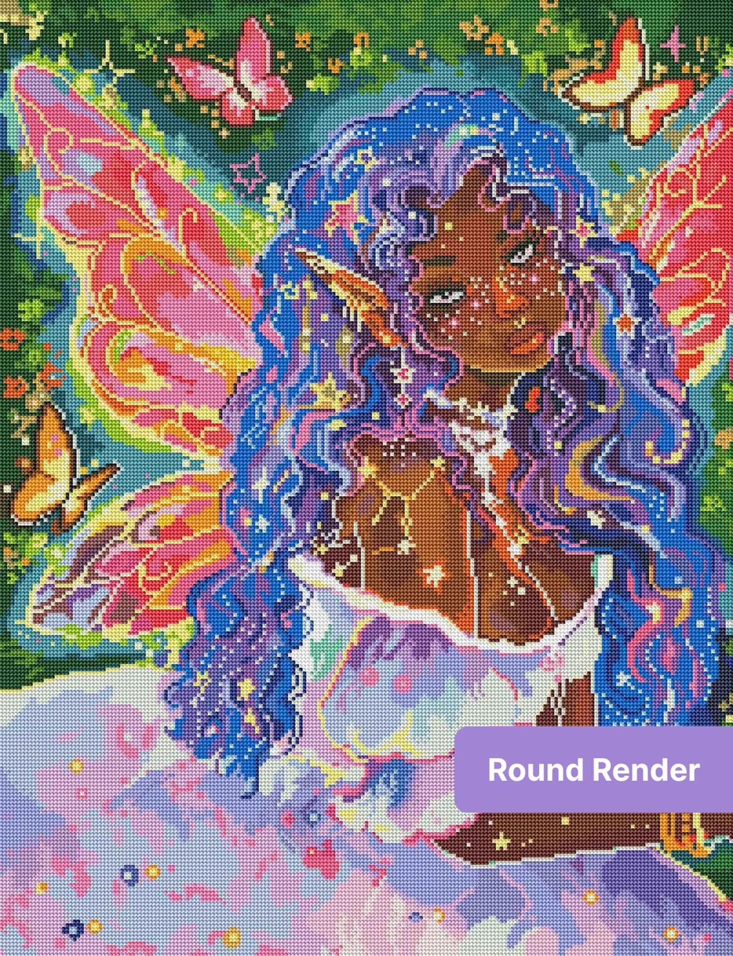 Fantasy fairy girl with purple hair, butterfly wings, and sparkling stars