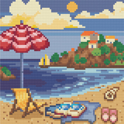 Four-panel Italian summer diamond art scenes with beach, café, village, and seaside views