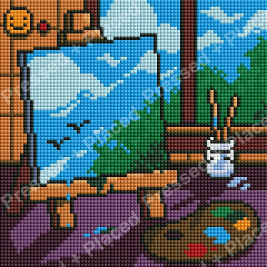 Pixel art landscape with blue sky, green hills, and colorful decorative details