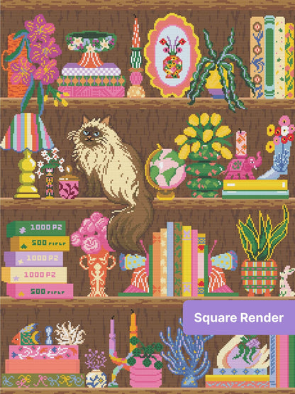 Whimsical bookshelf scene with fluffy cat, colorful books, flowers, and decorative vases