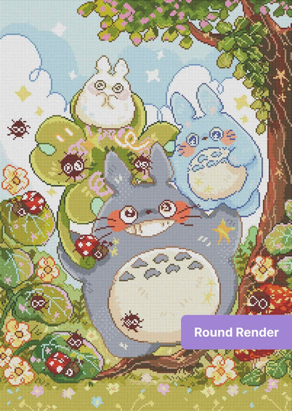 Cute fantasy forest creatures under a flowering tree in a pastel cartoon style