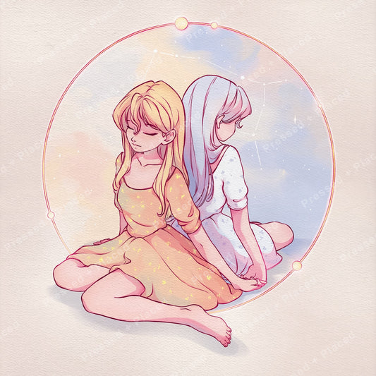 Pastel anime-style twin girls seated back-to-back inside a celestial circle