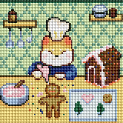 Four festive cat scenes with holiday decor in a cozy diamond art style