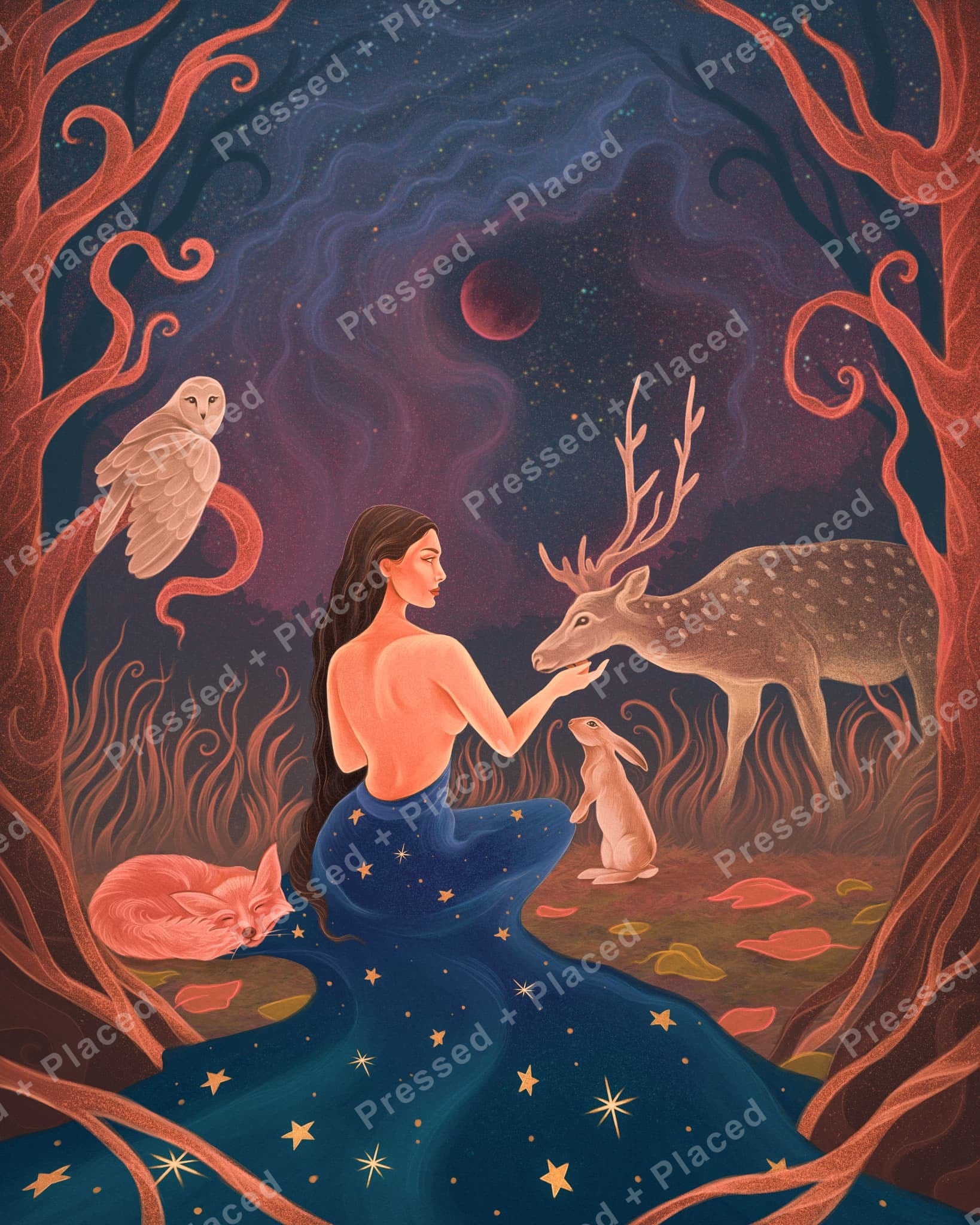 Fantasy woodland scene with woman, deer, owl, rabbit, and starry moonlit sky