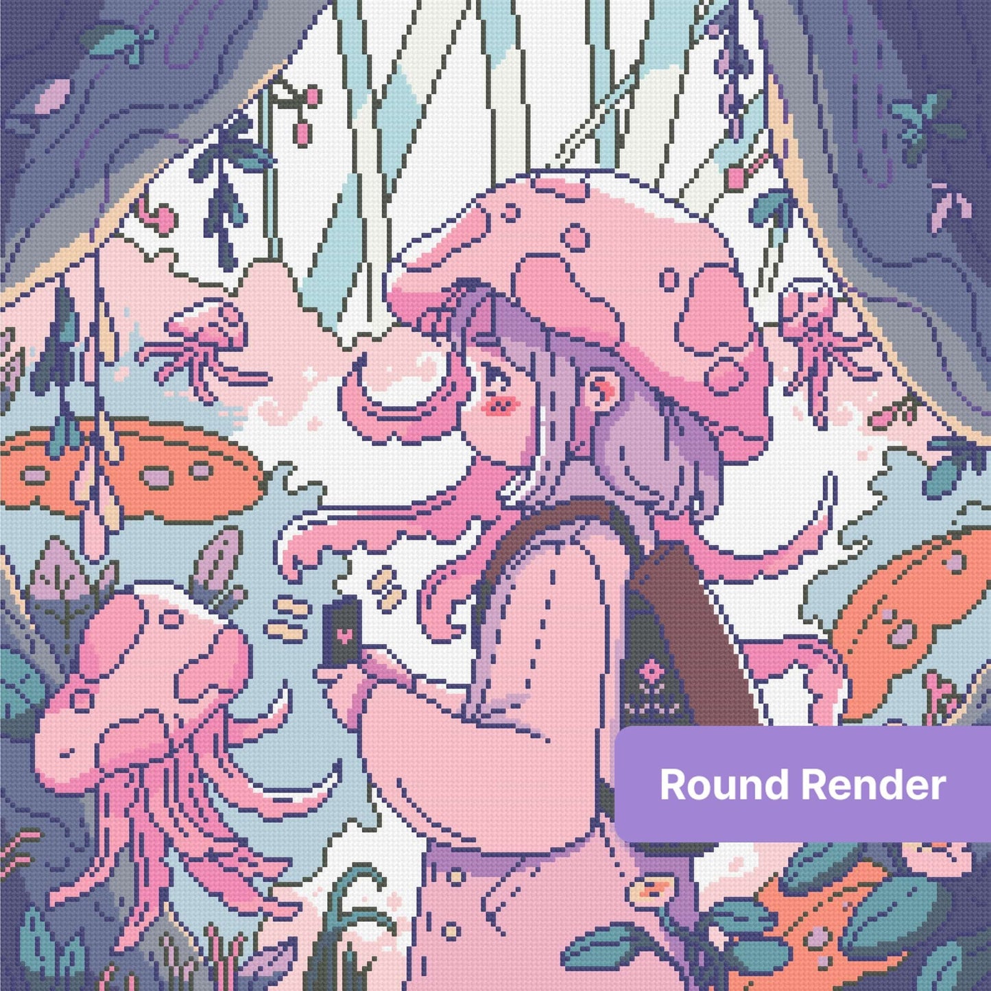 Cute mushroom girl in a pastel fantasy forest with flowers, vines, and jellyfish-like mushrooms