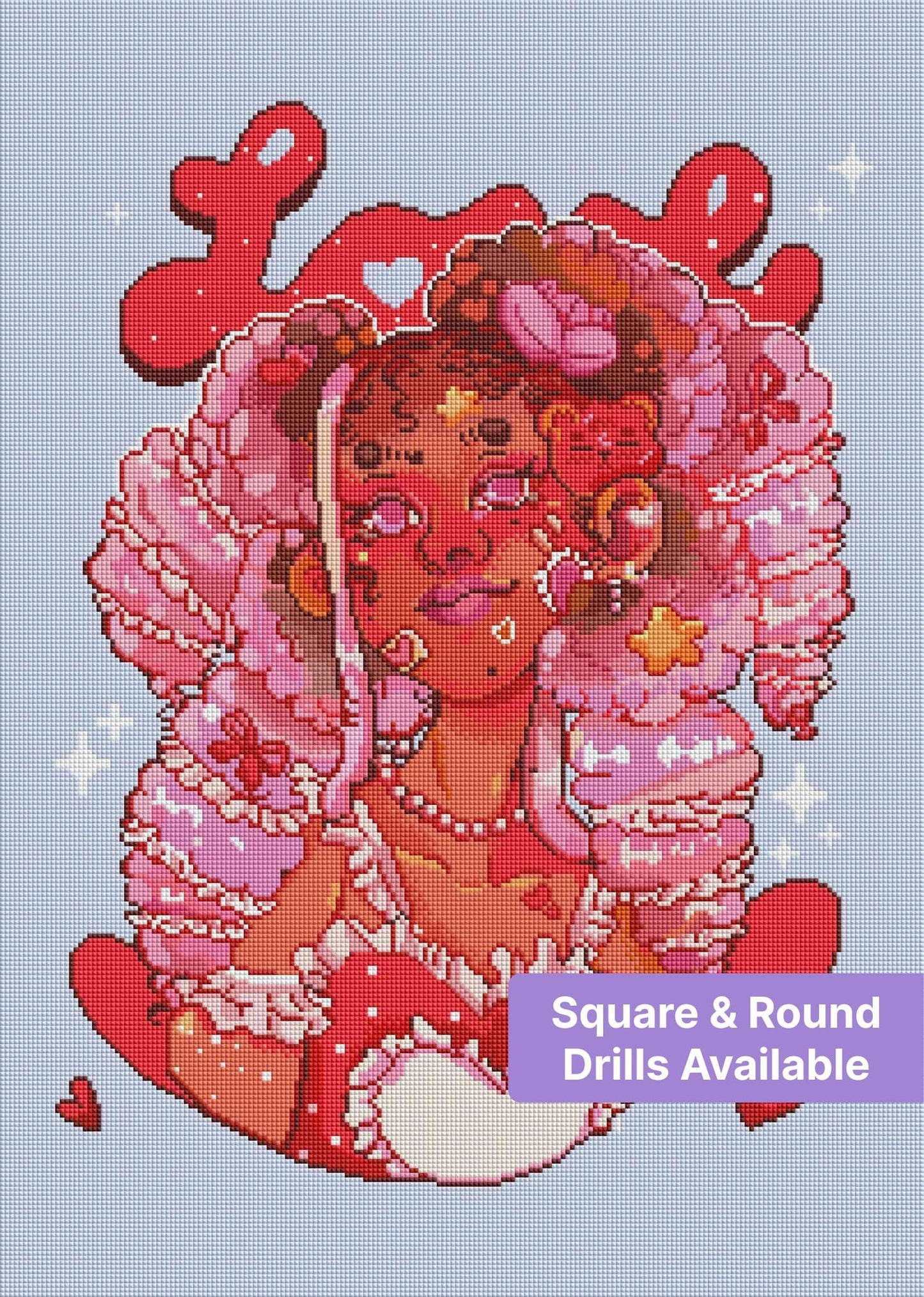 Kawaii girl in pink hearts and fluffy curls on a pastel lavender background