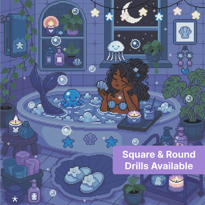 Mermaid bathing in a moonlit fantasy room with shells, stars, candles, and pastel blue tones
