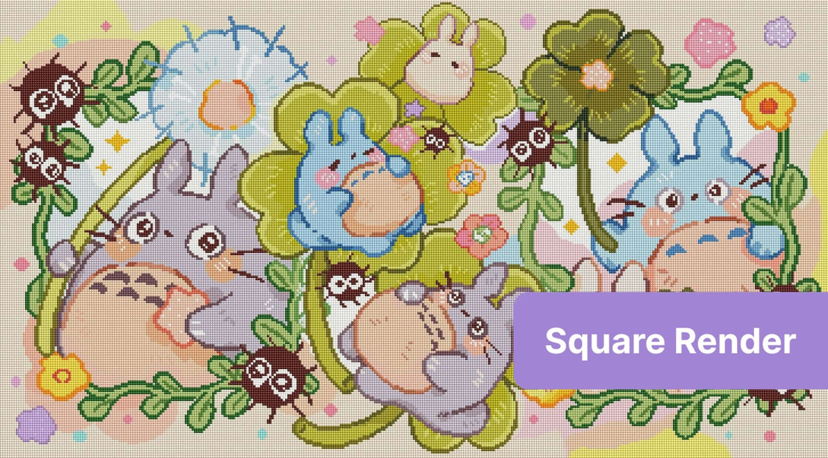 Cute pastel bunny garden scene with flowers, whimsical bugs, and cartoon-style characters