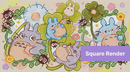 Cute pastel bunny garden scene with flowers, whimsical bugs, and cartoon-style characters