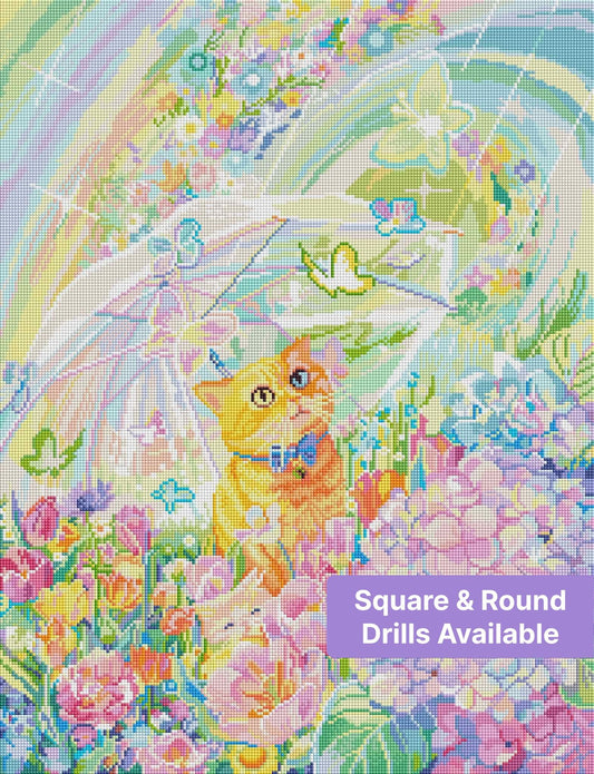 Orange cat in a pastel flower garden with butterflies, rainbow glow, and sparkling blossoms