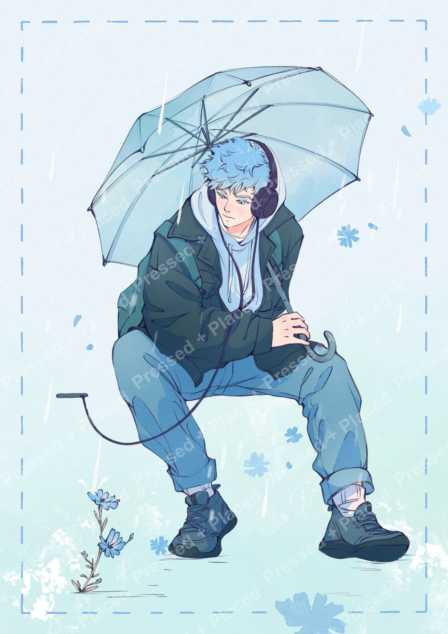 Anime boy sitting under a clear umbrella in cool blue tones, modern illustration style