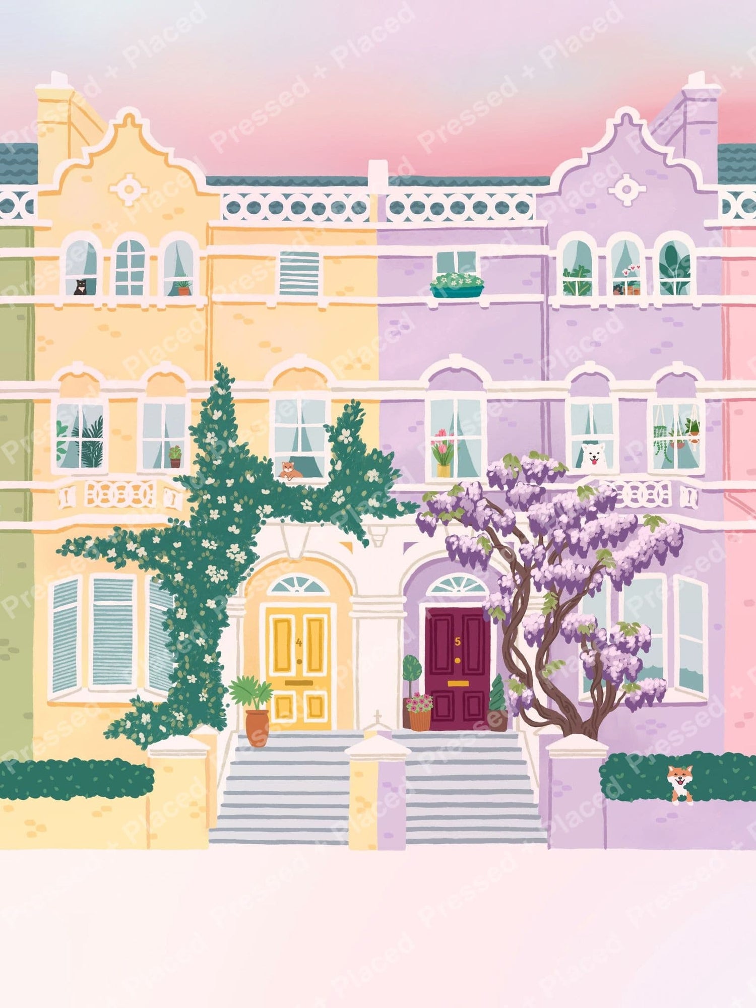 Pastel townhouse row with flowering vines and blooming trees in whimsical street style