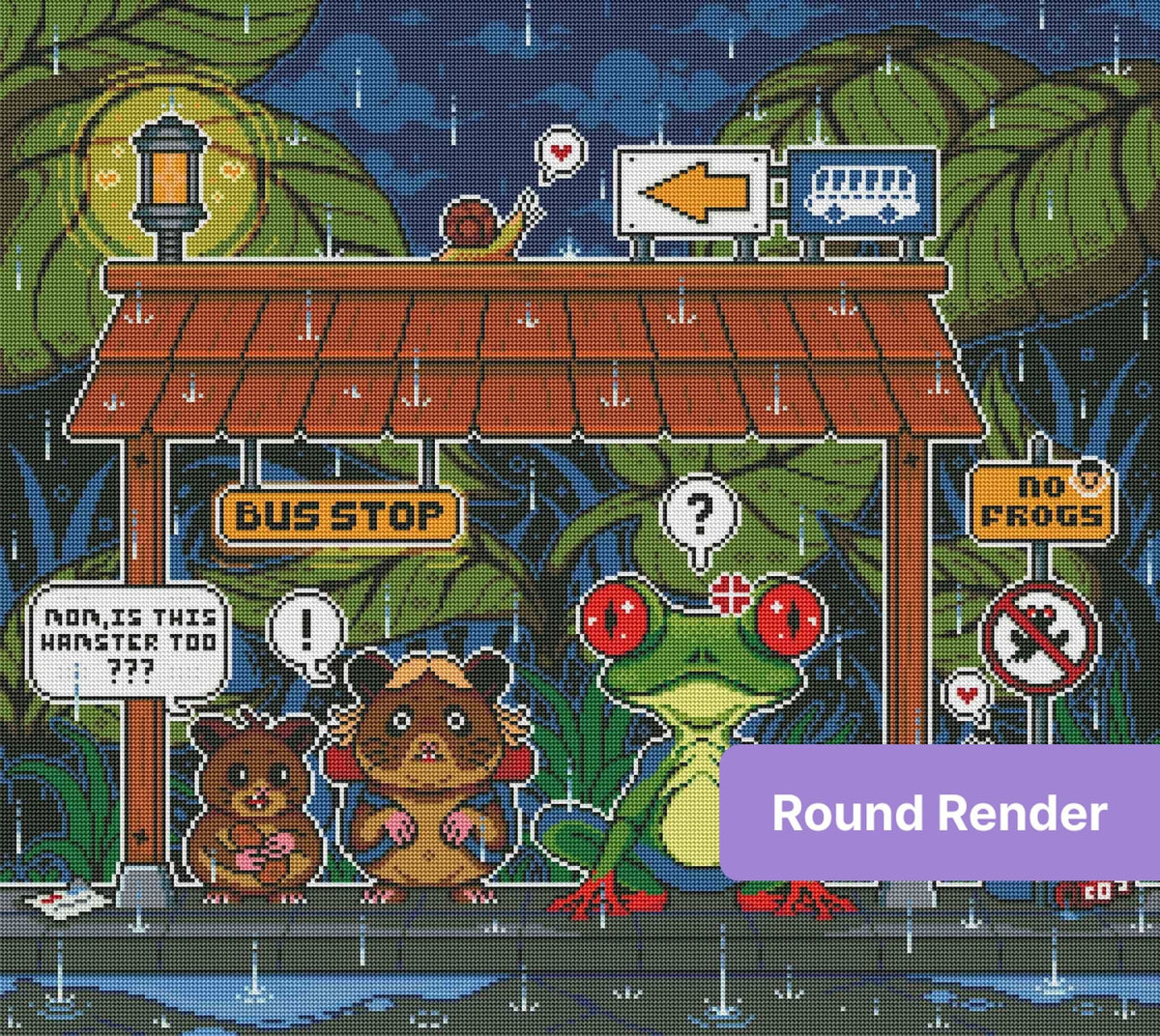 Pixel art jungle bus stop scene with frogs, animals, and rainy tropical signs