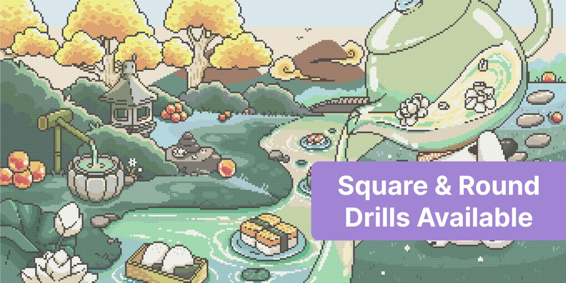 Cute bunny in a pastel Japanese garden with pond, pagoda, and autumn trees