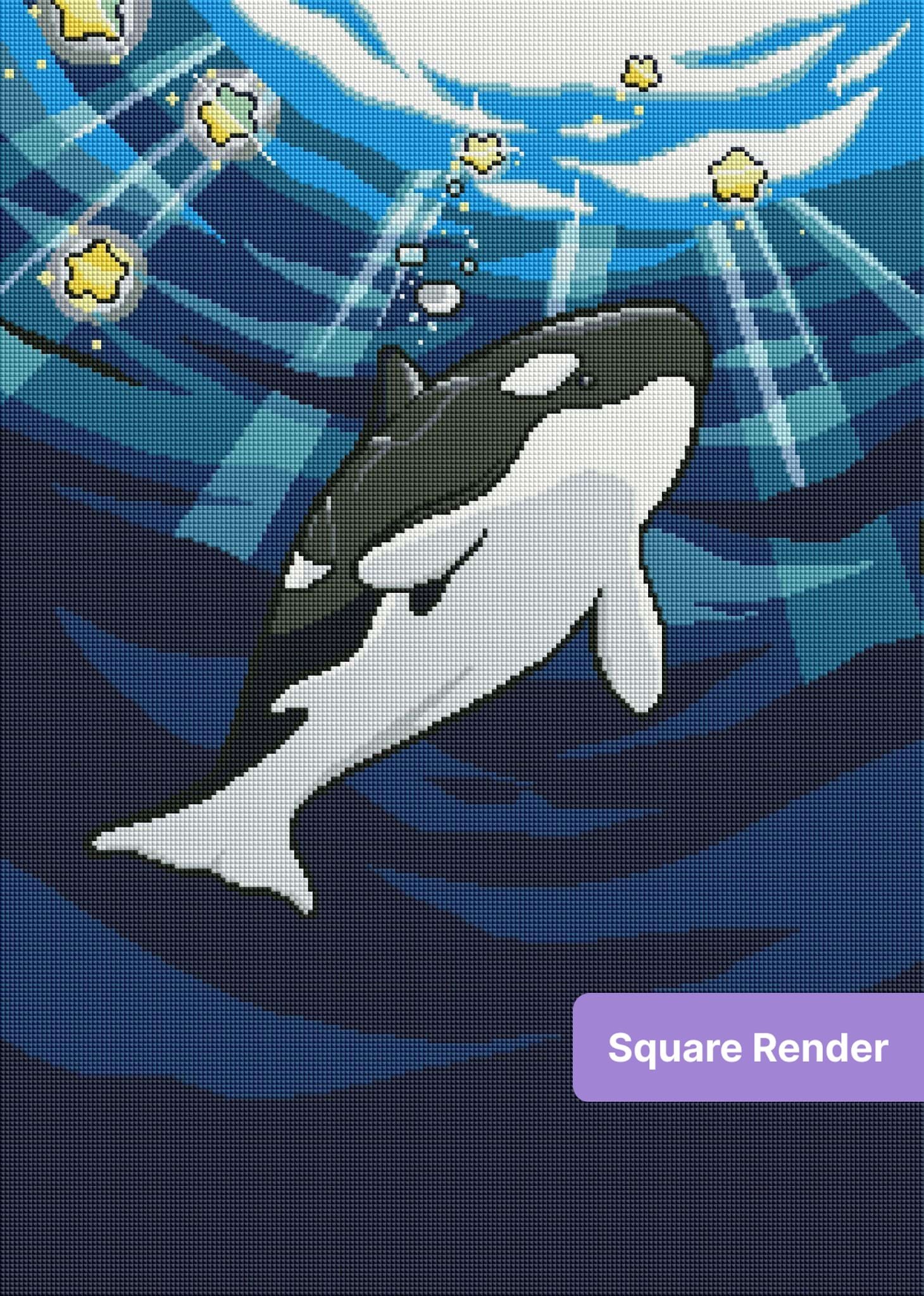 Orca whale swimming underwater with star-like lights in a bold cartoon style