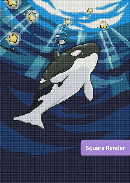 Orca whale swimming underwater with star-like lights in a bold cartoon style