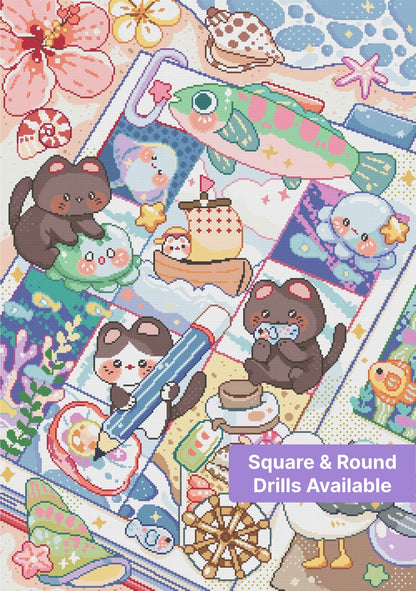 Kawaii sea animals in a colorful pastel patchwork diamond painting design