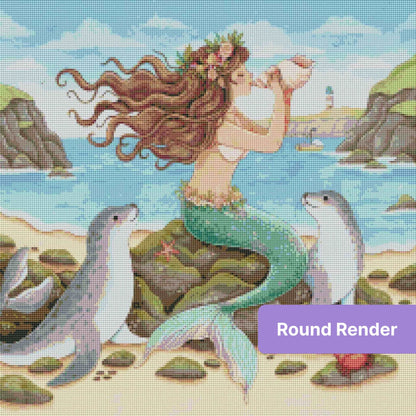 Mermaid with flowing hair and seals on a rocky seaside shore in soft watercolor style