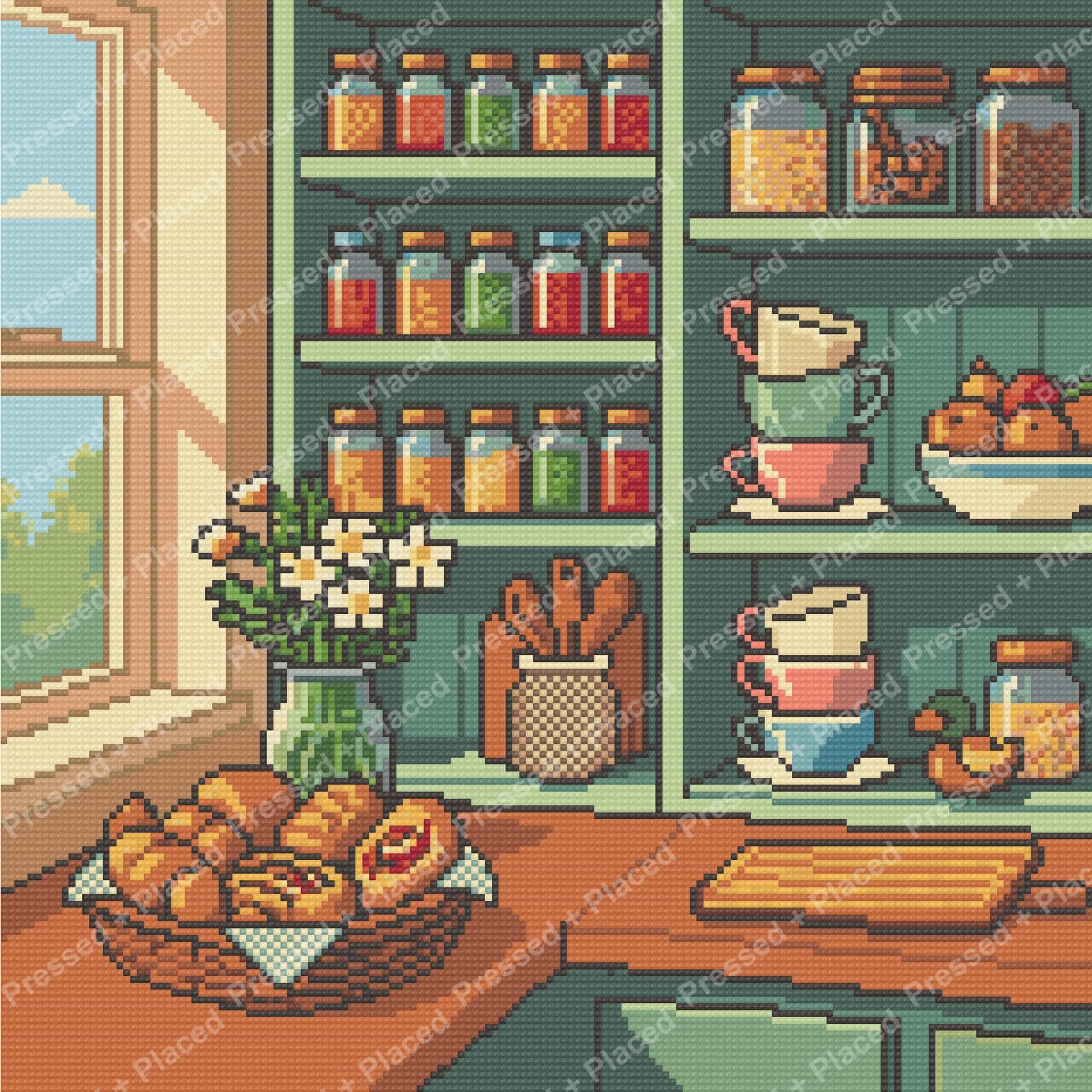 Cozy kitchen shelf scene with teacups, jars, flowers, and baked treats in pixel art style