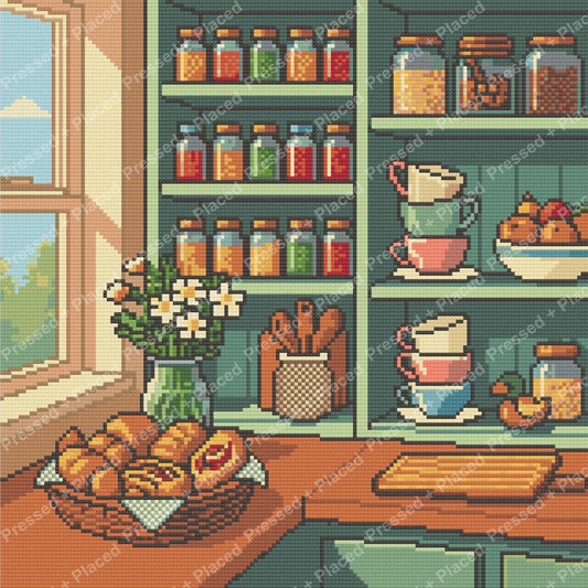 Cozy kitchen shelf scene with teacups, jars, flowers, and baked treats in pixel art style