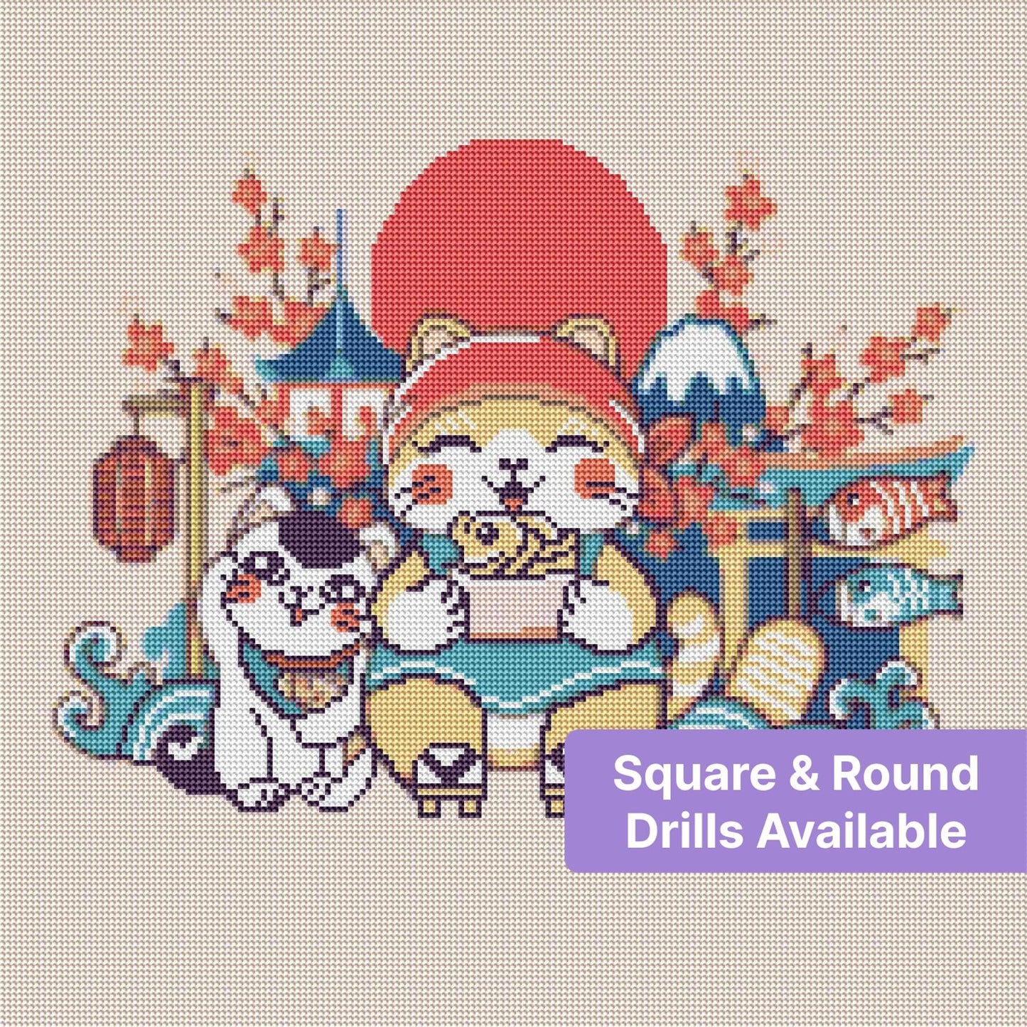 Cute Japanese-style cat scene with cherry blossoms, lanterns, koi fish, and waves